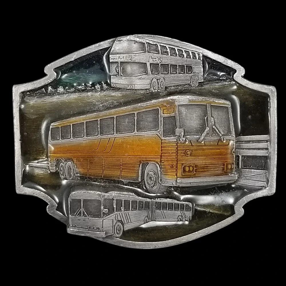 Buses Move the World Belt Buckle USA Made Transportation Collector Pewter Color‎